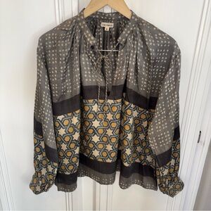 V.De.Vinster 100% Silk Long Sleeve Boho Graphic gray V Neck sz Small